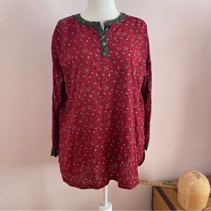 Cotton Blend Red Floral Print Boho Tunic Long Sleeve Top Pullover